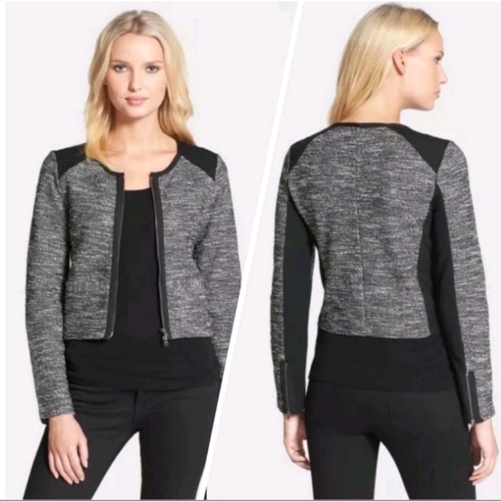 EILEEN FISHER Black/White Tweed Front Zip Jacket, Size XL